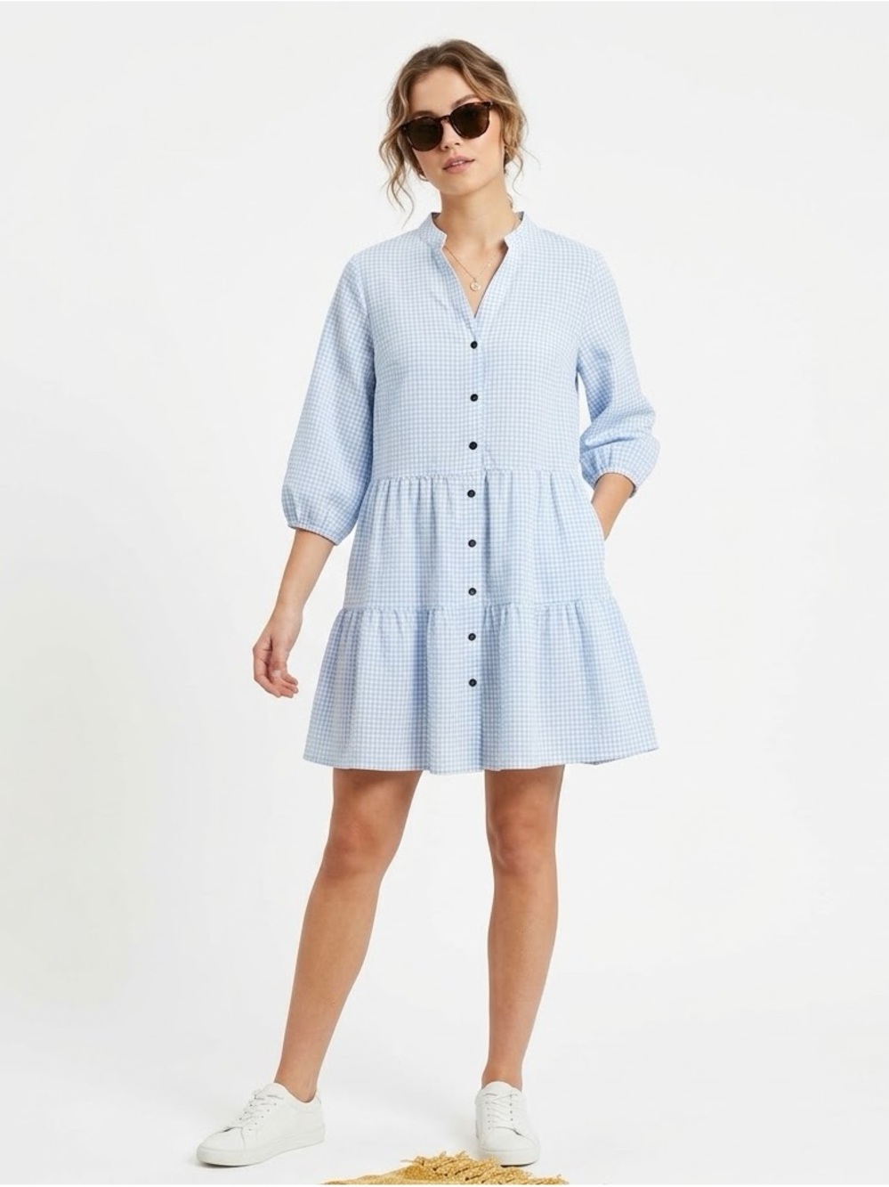 Light Blue Gingham Button-Front Tiered Dress